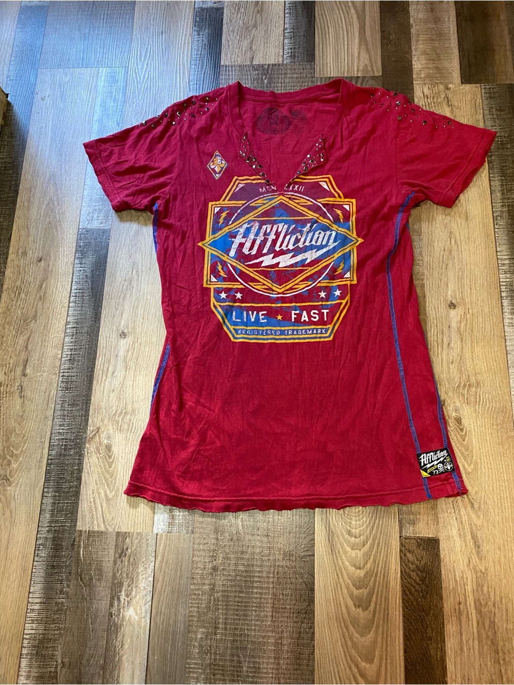 Affliction Red Short-Sleeve Live Fast Graphic Tee with Stud Accents
